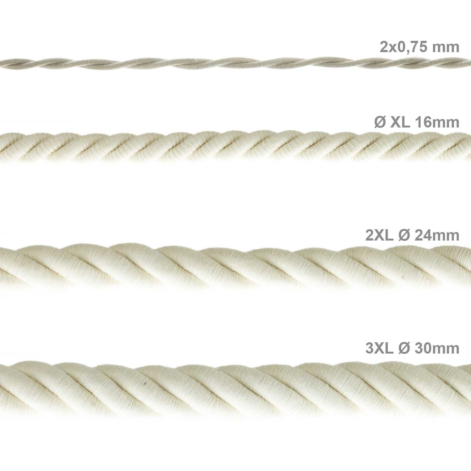 XL Rope electrical wire 18/3 AWG wire inside. Raw Cotton Fabric. 16mm.