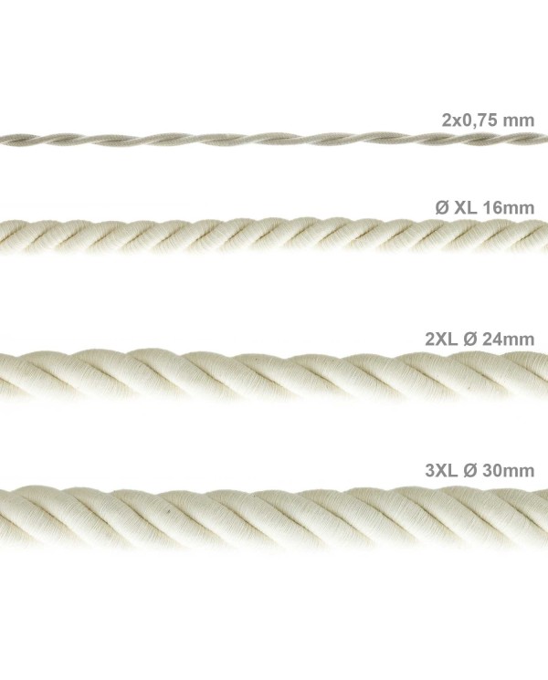 XL Rope electrical wire 18/3 AWG wire inside. Raw Cotton Fabric. 16mm.