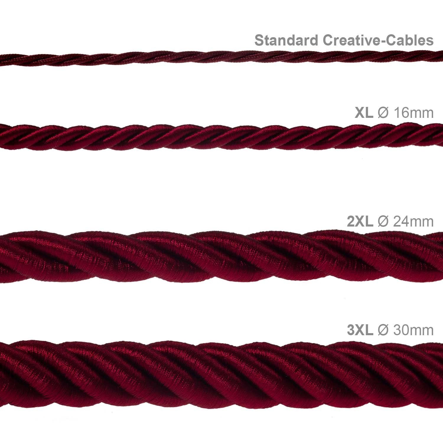 XL Rope electrical wire 18/3 AWG wire inside. Shiny Dark Bordeaux Fabric. 16mm.