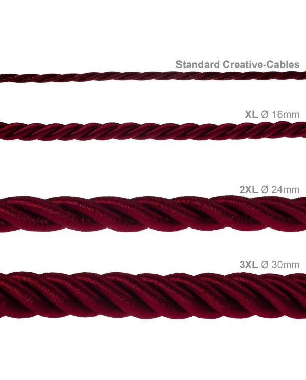 XL Rope electrical wire 18/3 AWG wire inside. Shiny Dark Bordeaux Fabric. 16mm.