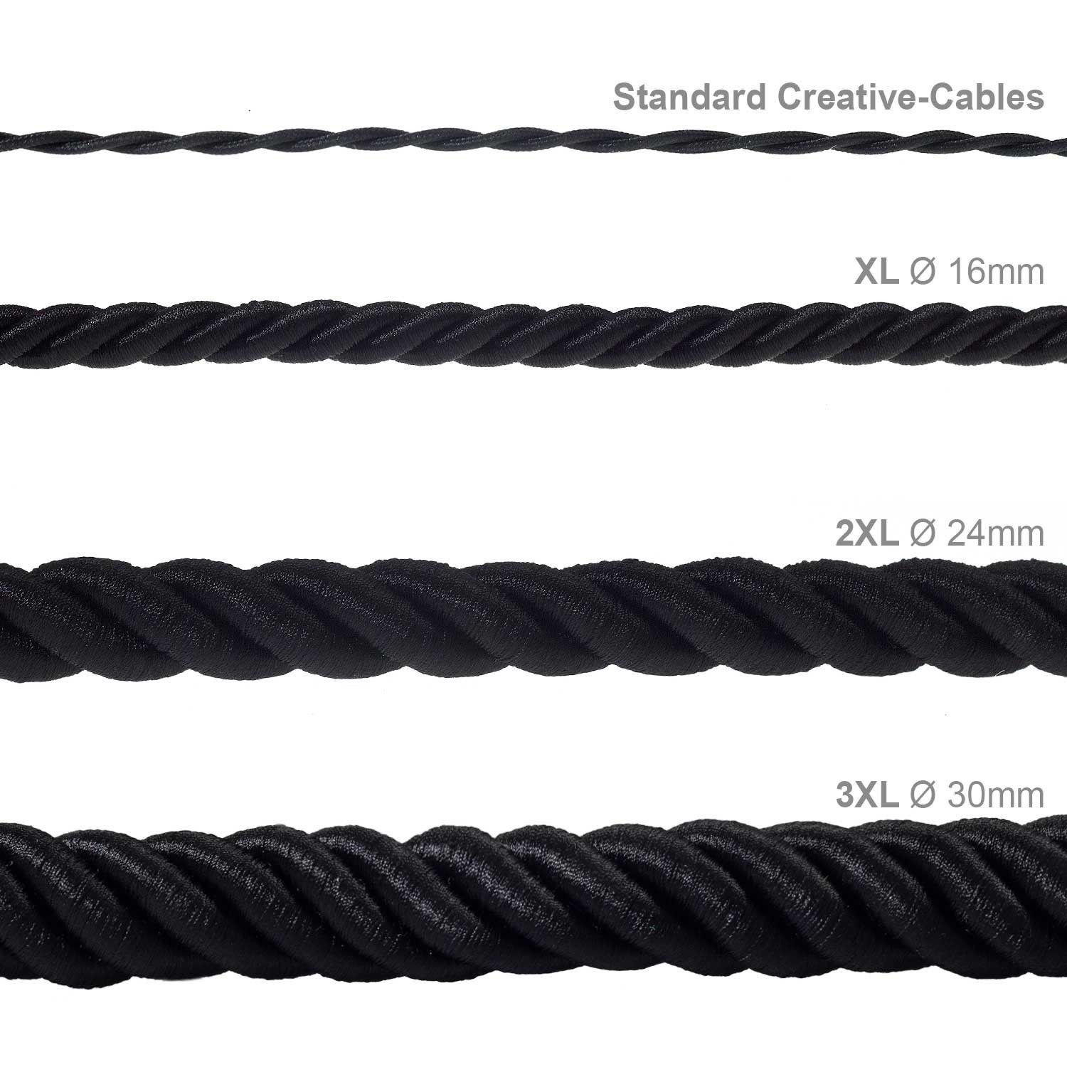 XL Rope electrical wire 18/3 AWG wire inside. Shiny Black Fabric. 16mm.