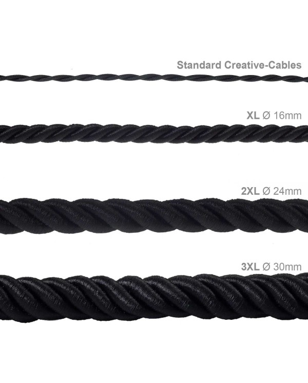 XL Rope electrical wire 18/3 AWG wire inside. Shiny Black Fabric. 16mm.