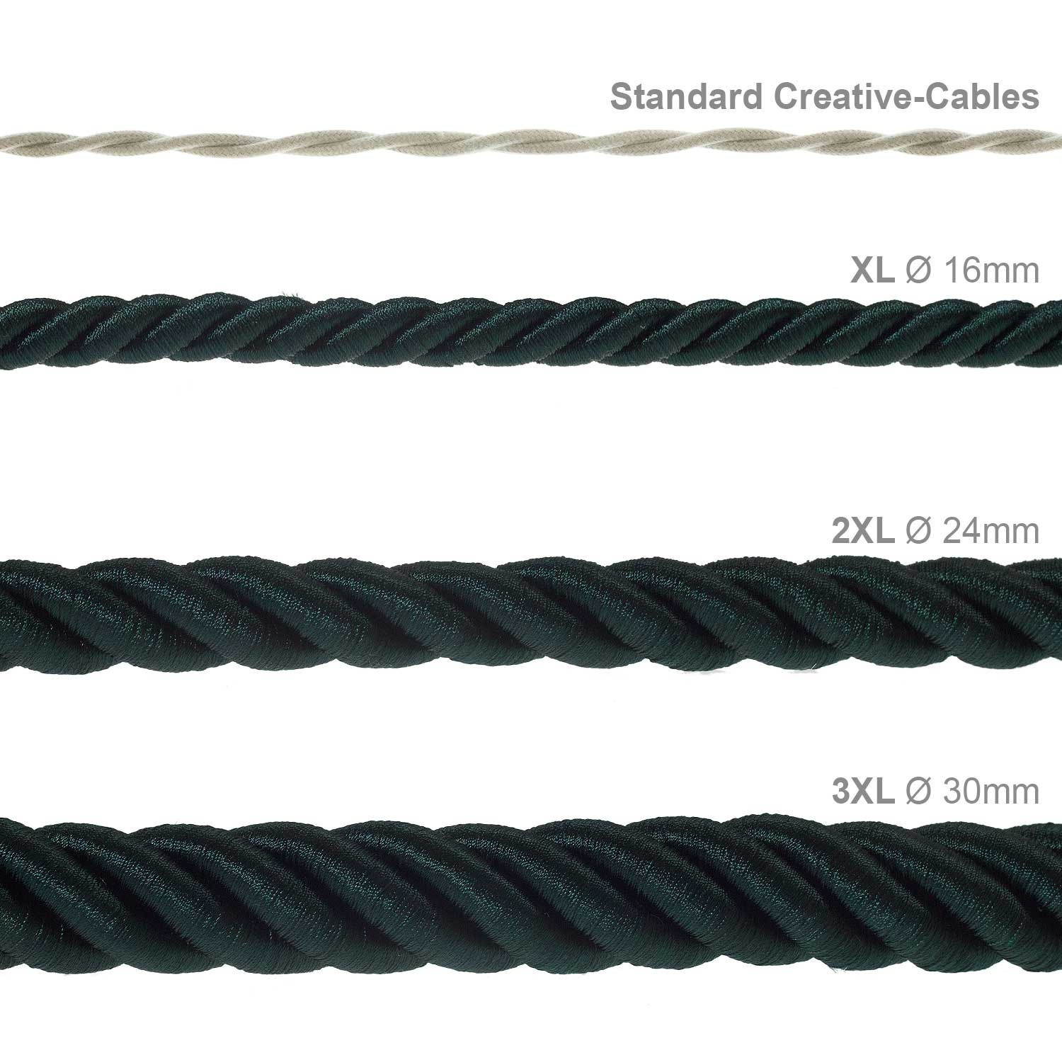 XL Rope electrical wire 18/3 AWG wire inside. Shiny Dark Green Fabric. 16mm.