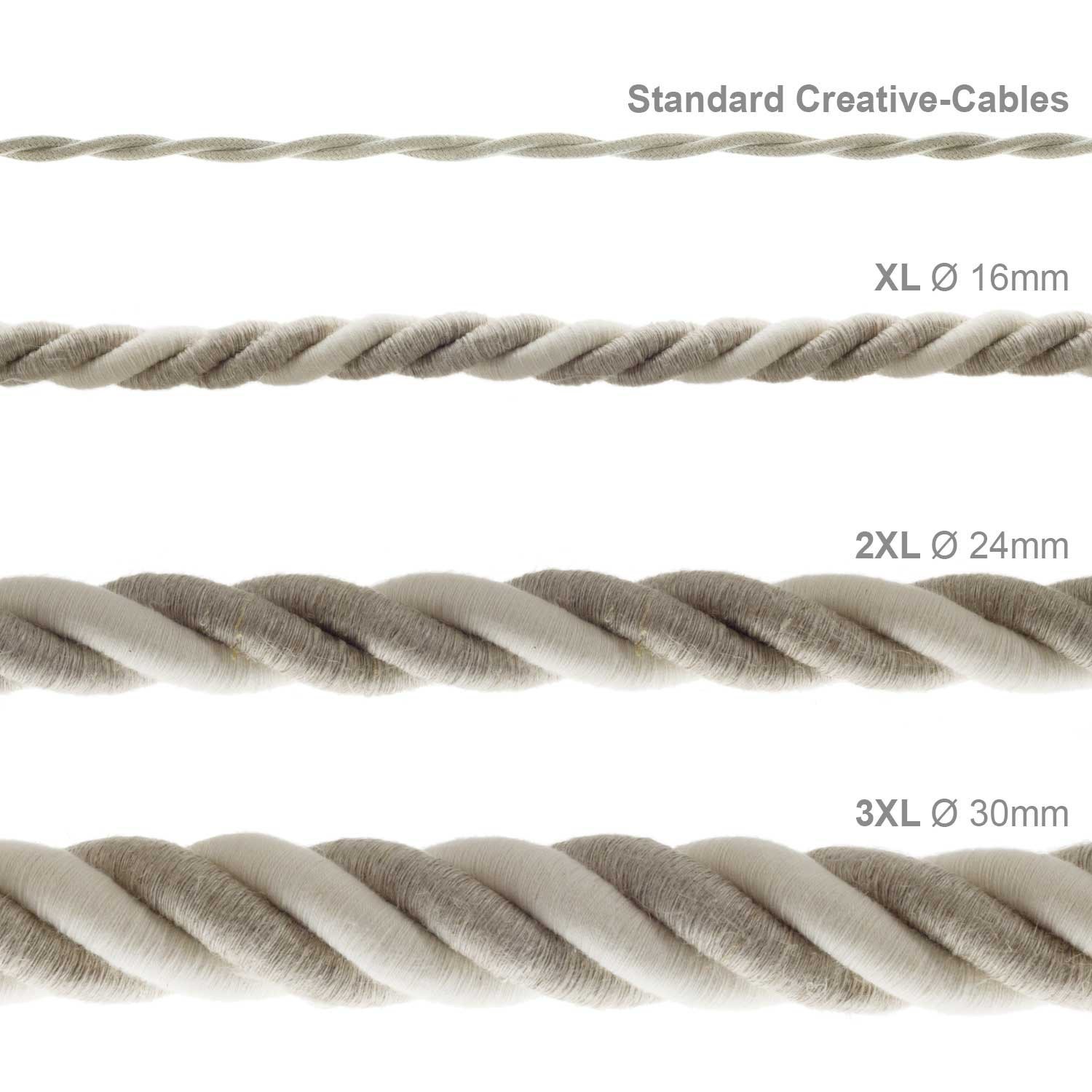 XL Rope electrical wire 18/3 AWG wire inside. Natural Linen and Raw Cotton Fabric. 16mm.