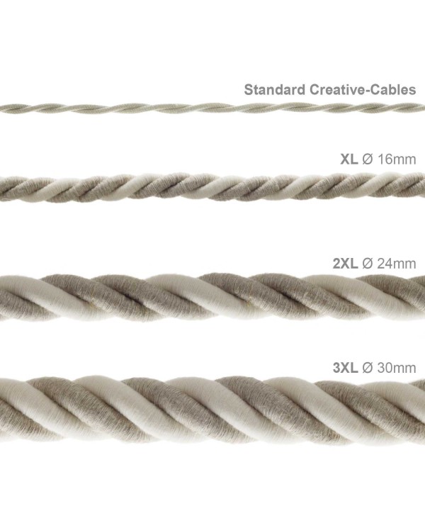 XL Rope electrical wire 18/3 AWG wire inside. Natural Linen and Raw Cotton Fabric. 16mm.